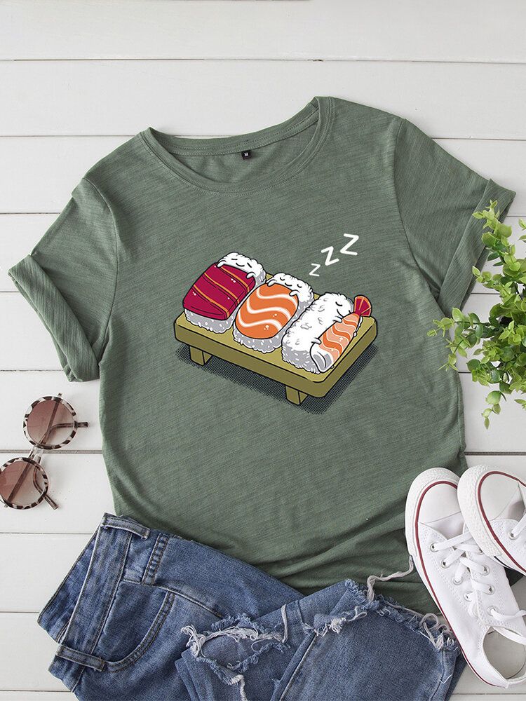 Camiseta De Ocio De Manga Corta Con Cuello Redondo Y Estampado De Sushi Para Dormir De Dibujos Animados Para Mujer