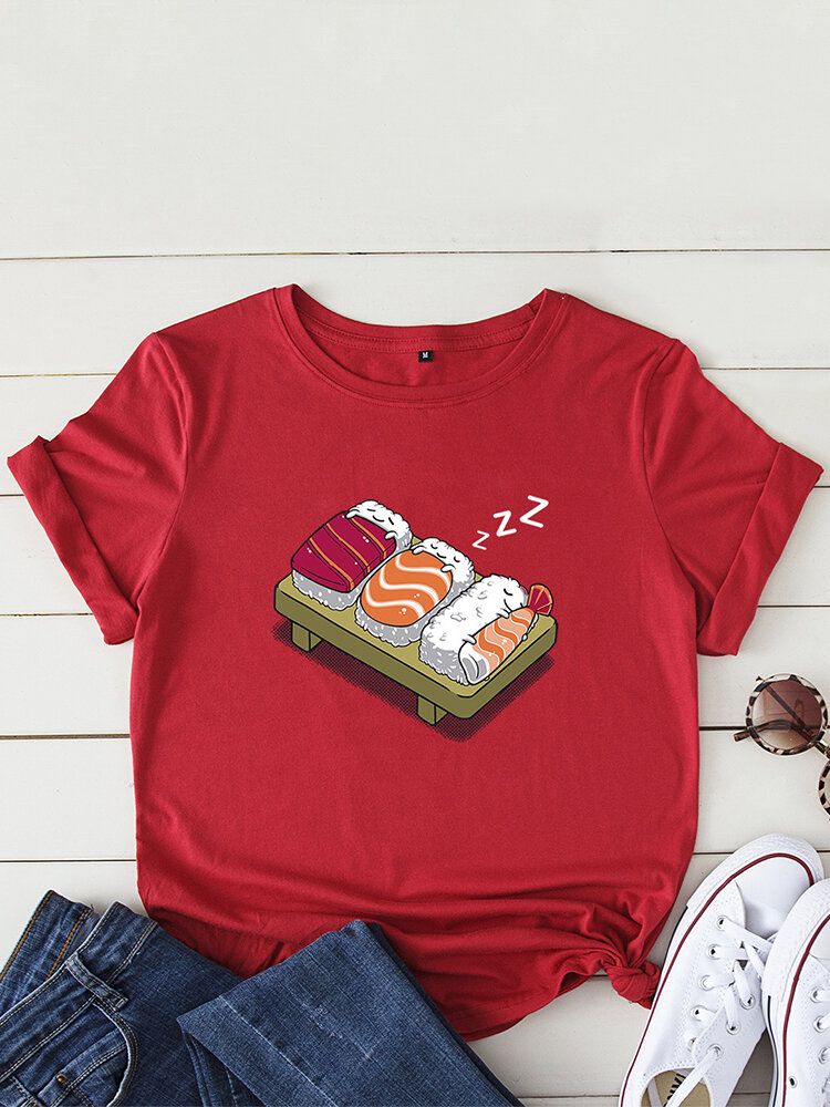 Camiseta De Ocio De Manga Corta Con Cuello Redondo Y Estampado De Sushi Para Dormir De Dibujos Animados Para Mujer