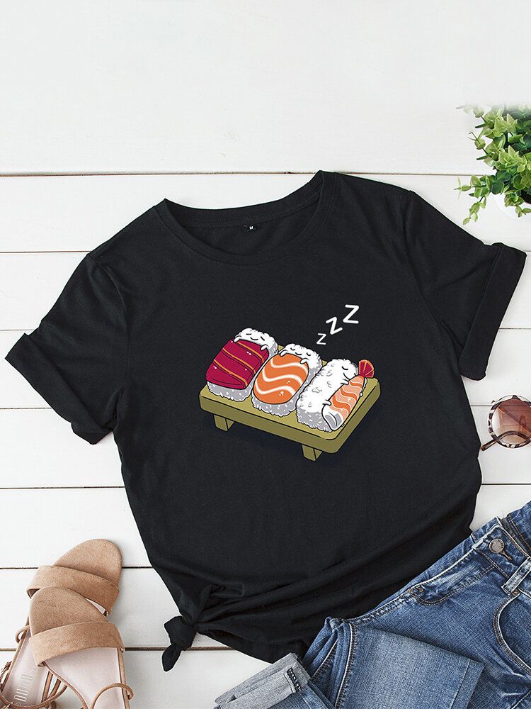 Camiseta De Ocio De Manga Corta Con Cuello Redondo Y Estampado De Sushi Para Dormir De Dibujos Animados Para Mujer