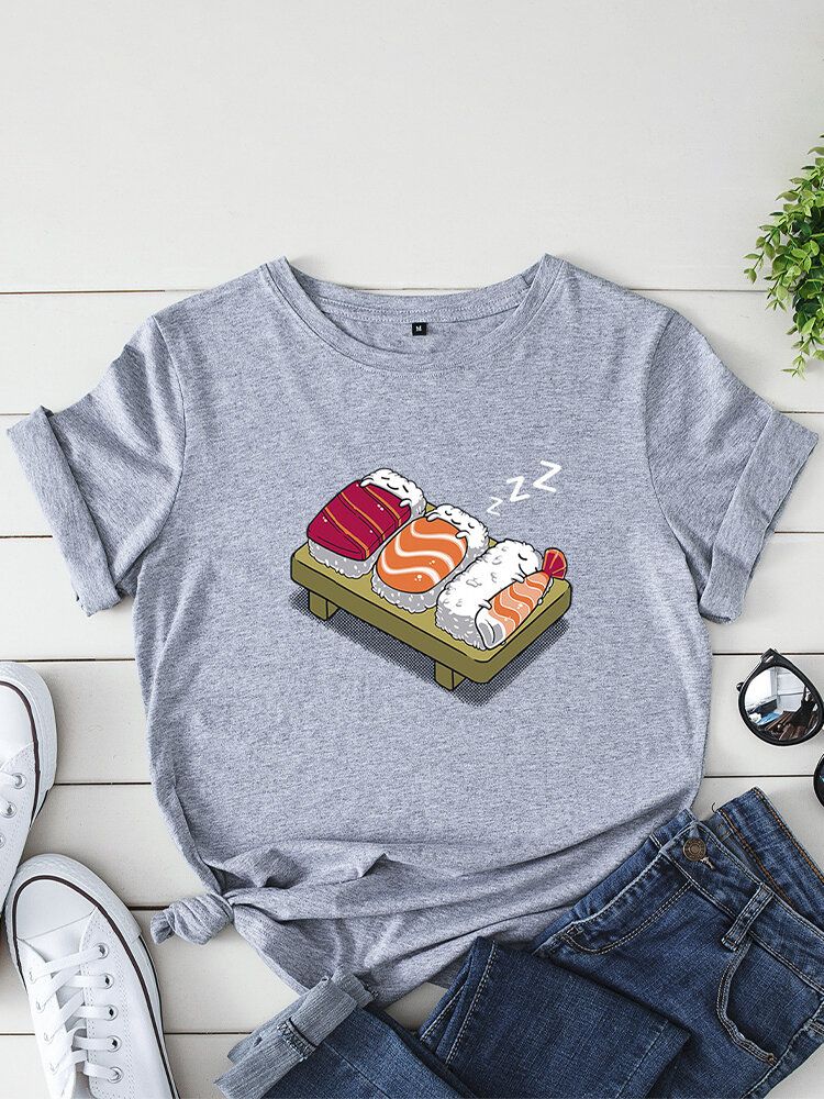 Camiseta De Ocio De Manga Corta Con Cuello Redondo Y Estampado De Sushi Para Dormir De Dibujos Animados Para Mujer