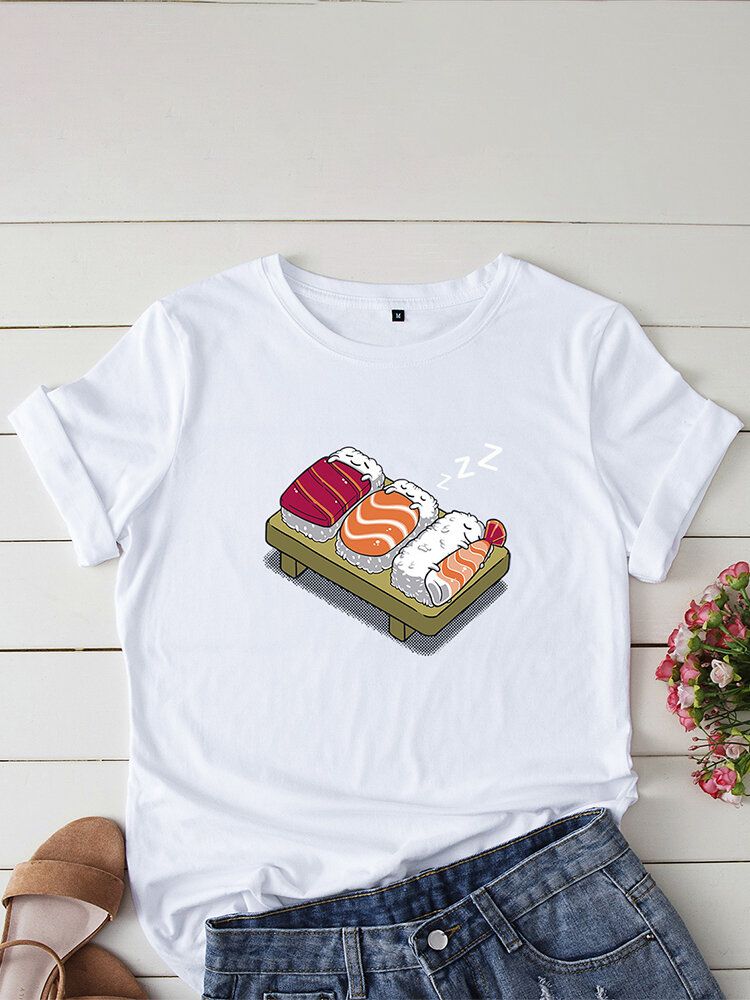 Camiseta De Ocio De Manga Corta Con Cuello Redondo Y Estampado De Sushi Para Dormir De Dibujos Animados Para Mujer