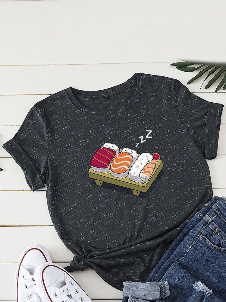 Camiseta De Ocio De Manga Corta Con Cuello Redondo Y Estampado De Sushi Para Dormir De Dibujos Animados Para Mujer