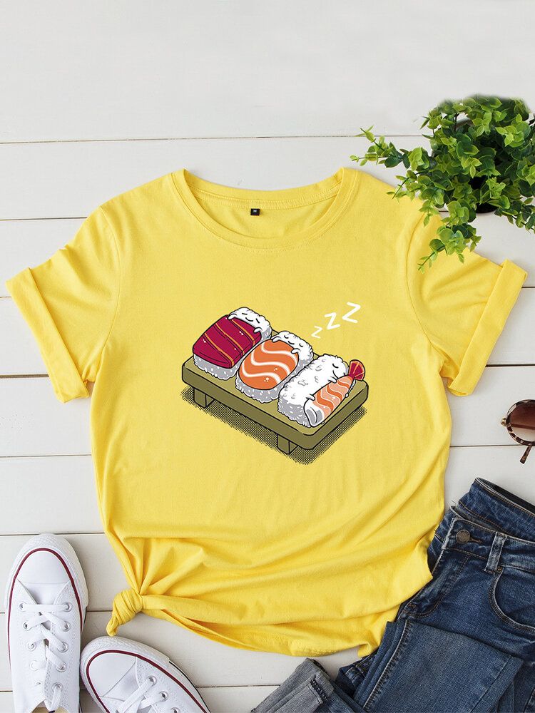 Camiseta De Ocio De Manga Corta Con Cuello Redondo Y Estampado De Sushi Para Dormir De Dibujos Animados Para Mujer