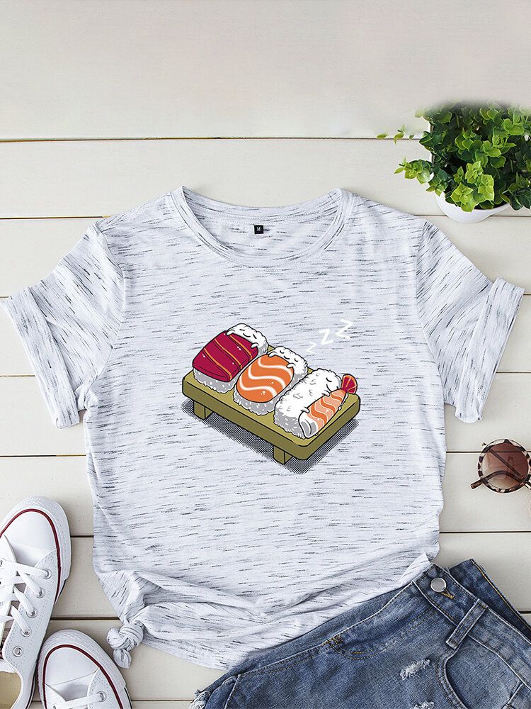 Camiseta De Ocio De Manga Corta Con Cuello Redondo Y Estampado De Sushi Para Dormir De Dibujos Animados Para Mujer