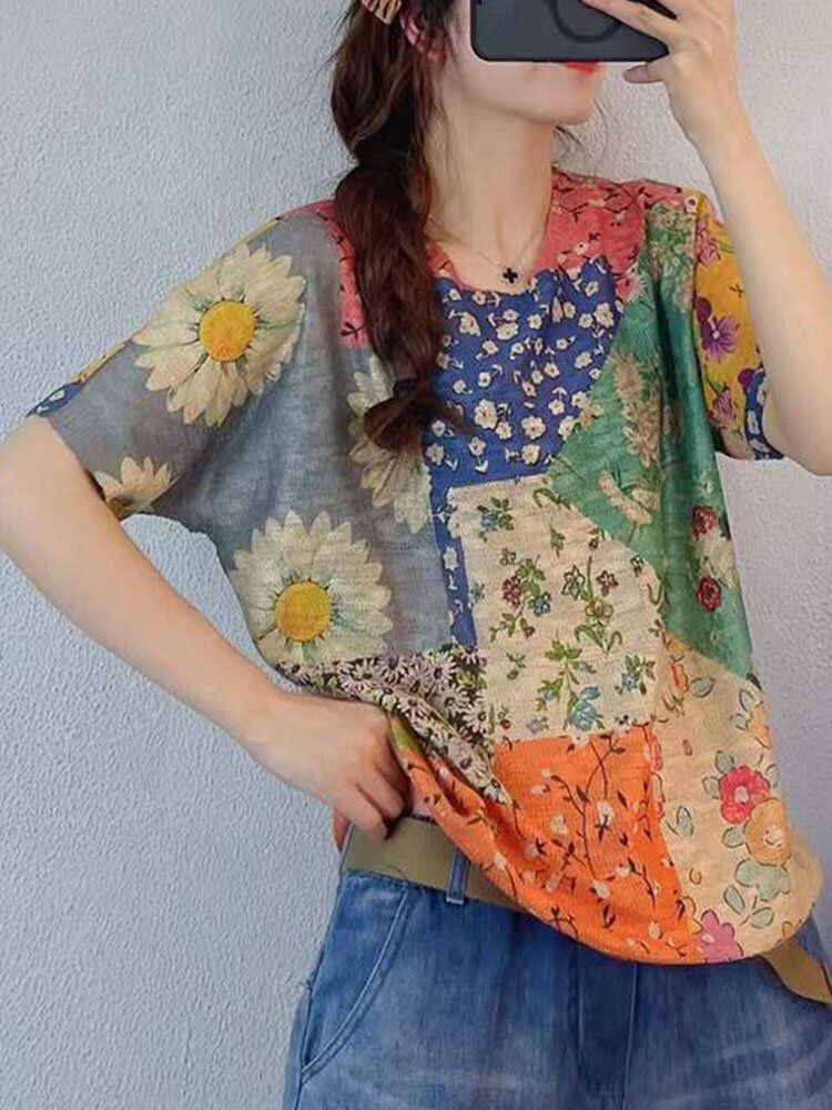 Camiseta De Punto De Manga Corta Con Cuello Redondo Y Estampado Floral En Bloque De Color