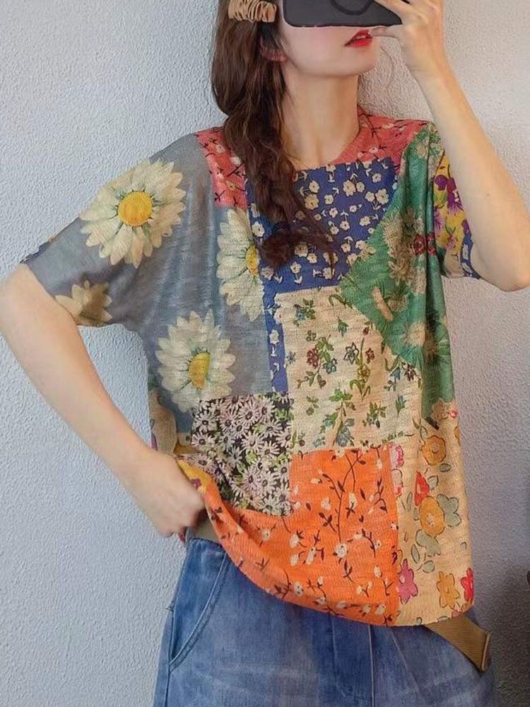 Camiseta De Punto De Manga Corta Con Cuello Redondo Y Estampado Floral En Bloque De Color