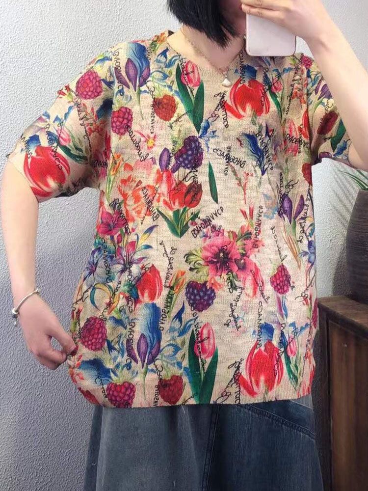 Camiseta De Punto De Manga Corta Suelta Con Cuello Redondo Y Estampado De Flores Y Frutas