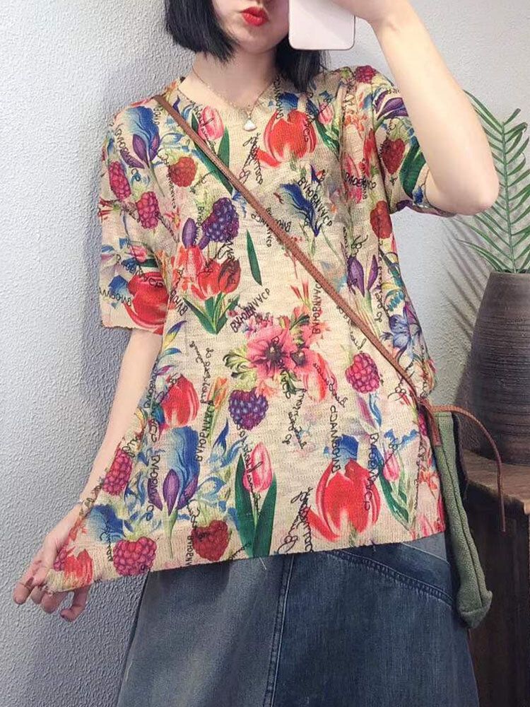 Camiseta De Punto De Manga Corta Suelta Con Cuello Redondo Y Estampado De Flores Y Frutas