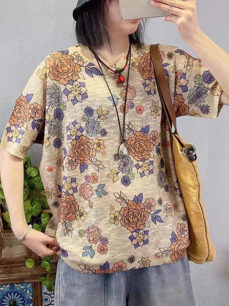 Camiseta De Punto De Manga Corta Suelta Con Cuello Redondo Y Estampado De Flores Y Frutas