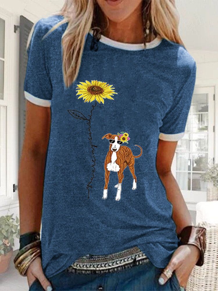 Camiseta Suelta Informal De Manga Corta Con Estampado De Perro Floral De Dibujos Animados