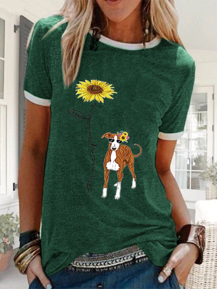 Camiseta Suelta Informal De Manga Corta Con Estampado De Perro Floral De Dibujos Animados