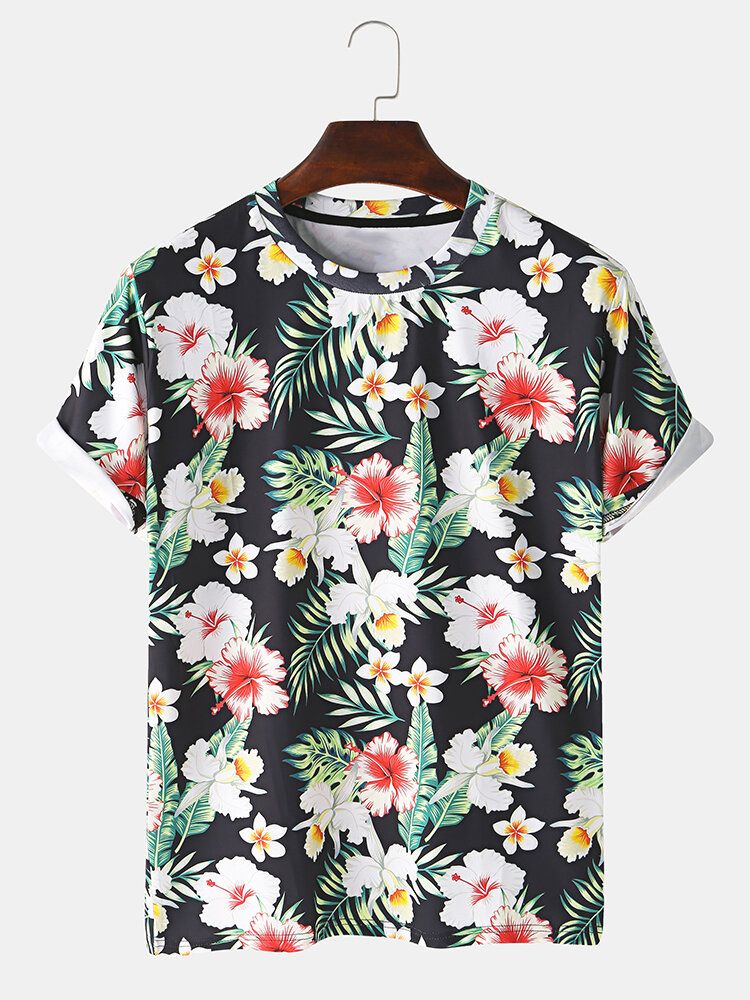 Camiseta De Vacaciones De Manga Corta Con Estampado Floral Tropical Para Hombre