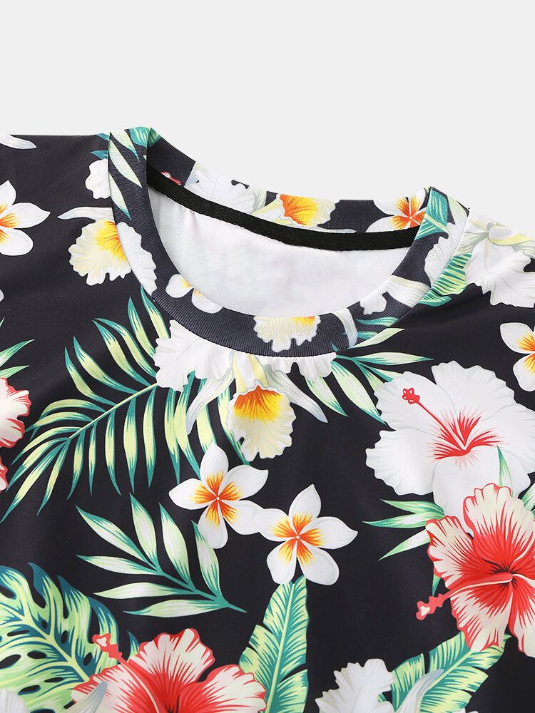 Camiseta De Vacaciones De Manga Corta Con Estampado Floral Tropical Para Hombre