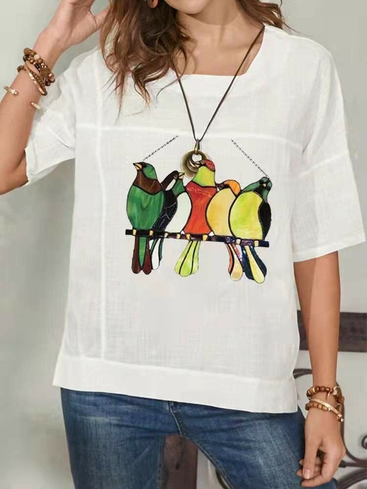 Camiseta Vintage De Media Manga Con Cuello Redondo Y Estampado De Pájaros Para Mujer