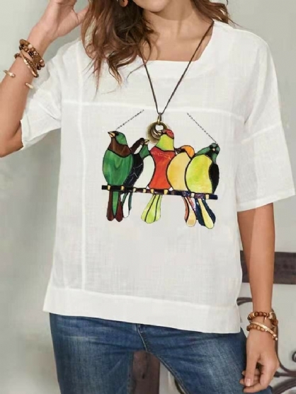 Camiseta Vintage De Media Manga Con Cuello Redondo Y Estampado De Pájaros Para Mujer