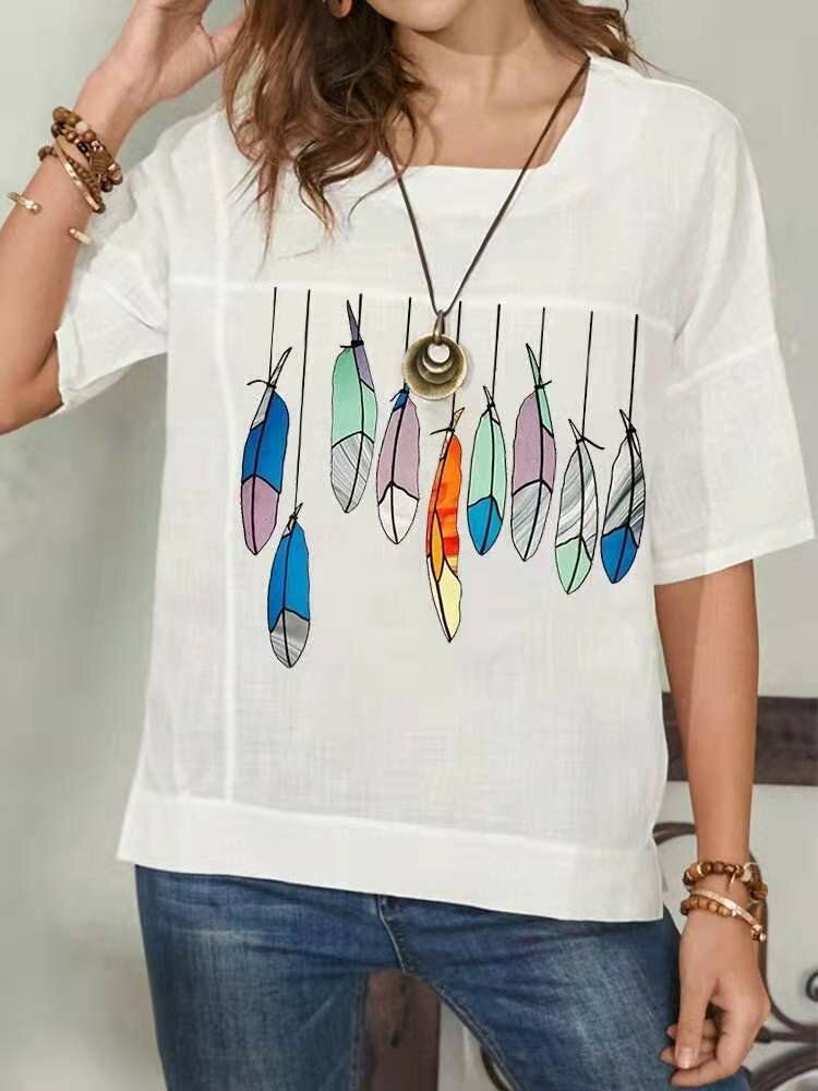 Camiseta Vintage De Media Manga Suelta Con Cuello Redondo Y Estampado De Peces De Dibujos Animados Para Mujer