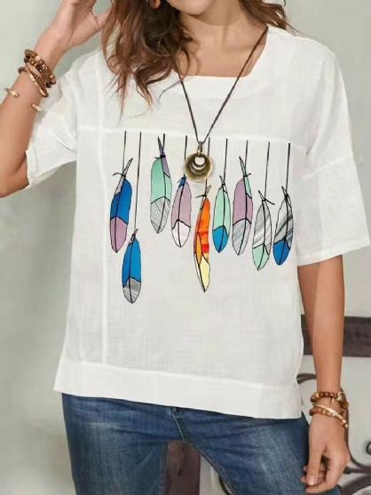 Camiseta Vintage De Media Manga Suelta Con Cuello Redondo Y Estampado De Peces De Dibujos Animados Para Mujer