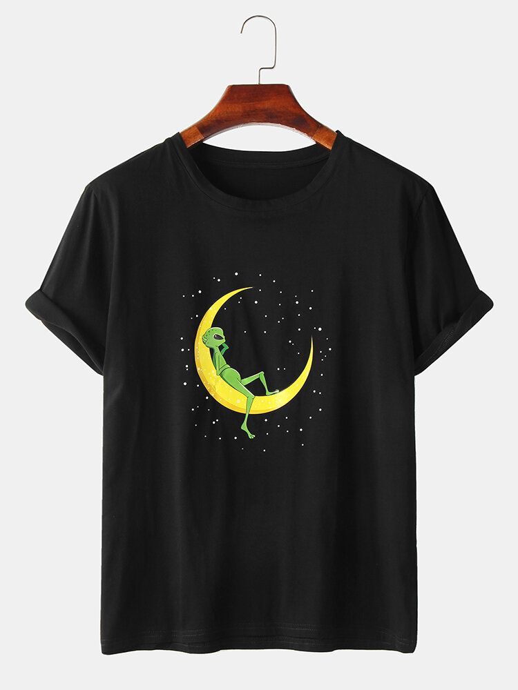 Camisetas De Algodón Con Diseño De Manga Corta Con Estampado De Alien & Moon Para Hombre