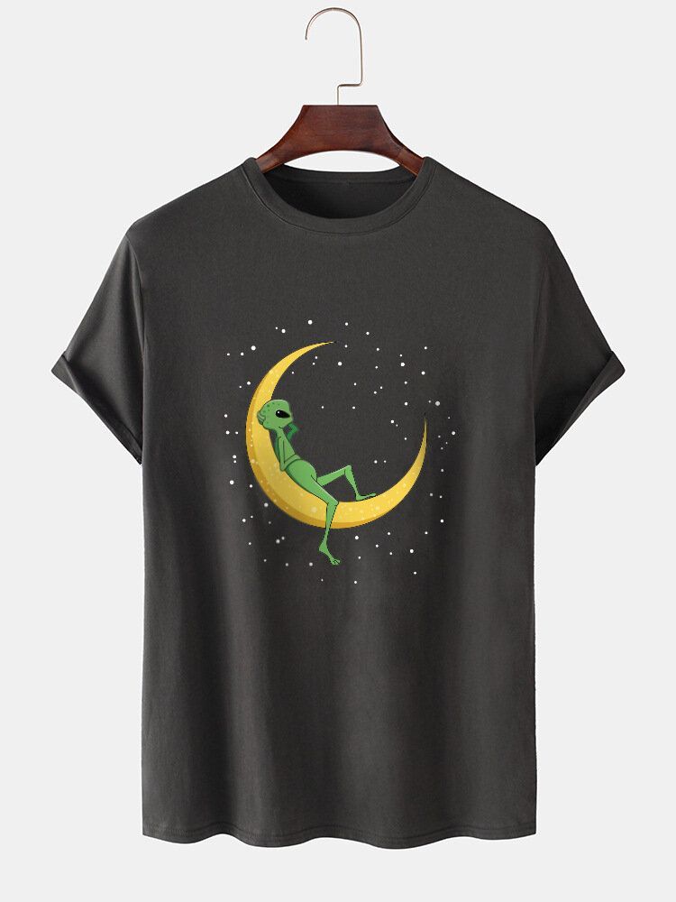 Camisetas De Algodón Con Diseño De Manga Corta Con Estampado De Alien & Moon Para Hombre