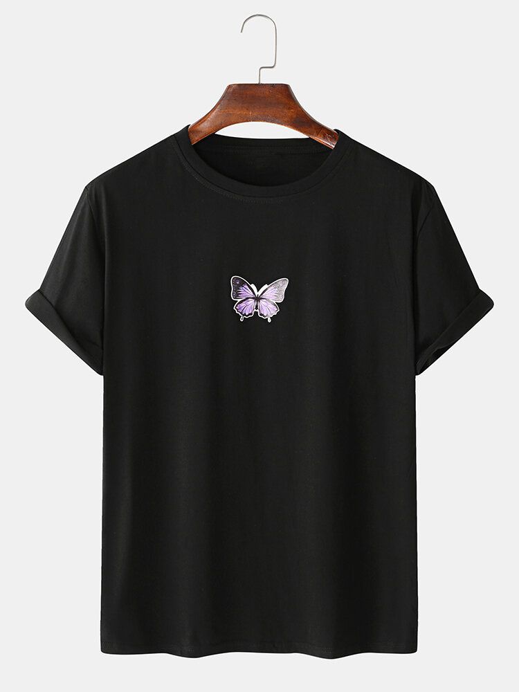 Camisetas Básicas De Manga Corta Sueltas Con Estampado De Mariposas 100% Algodón