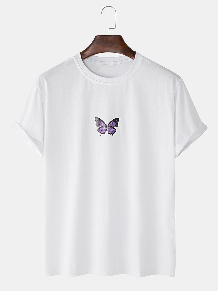 Camisetas Básicas De Manga Corta Sueltas Con Estampado De Mariposas 100% Algodón