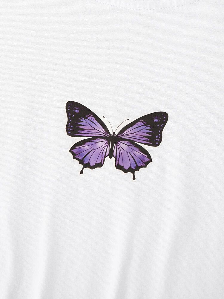 Camisetas Básicas De Manga Corta Sueltas Con Estampado De Mariposas 100% Algodón