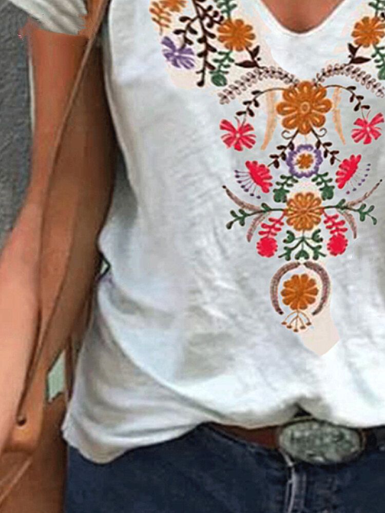 Camisetas Blancas De Manga Corta Con Cuello En V Y Estampado Vintage Para Mujer