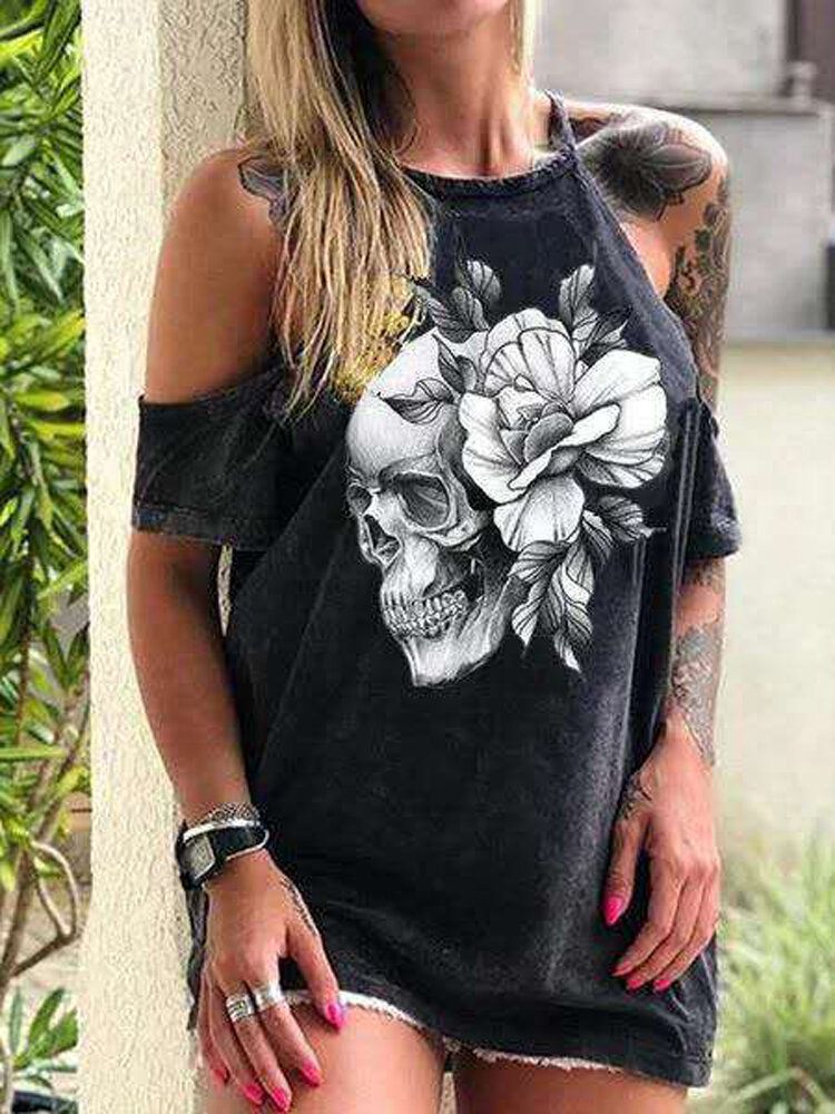 Camisetas Casuales Con Estampado Floral De Esqueleto De Diseñador Para Mujer