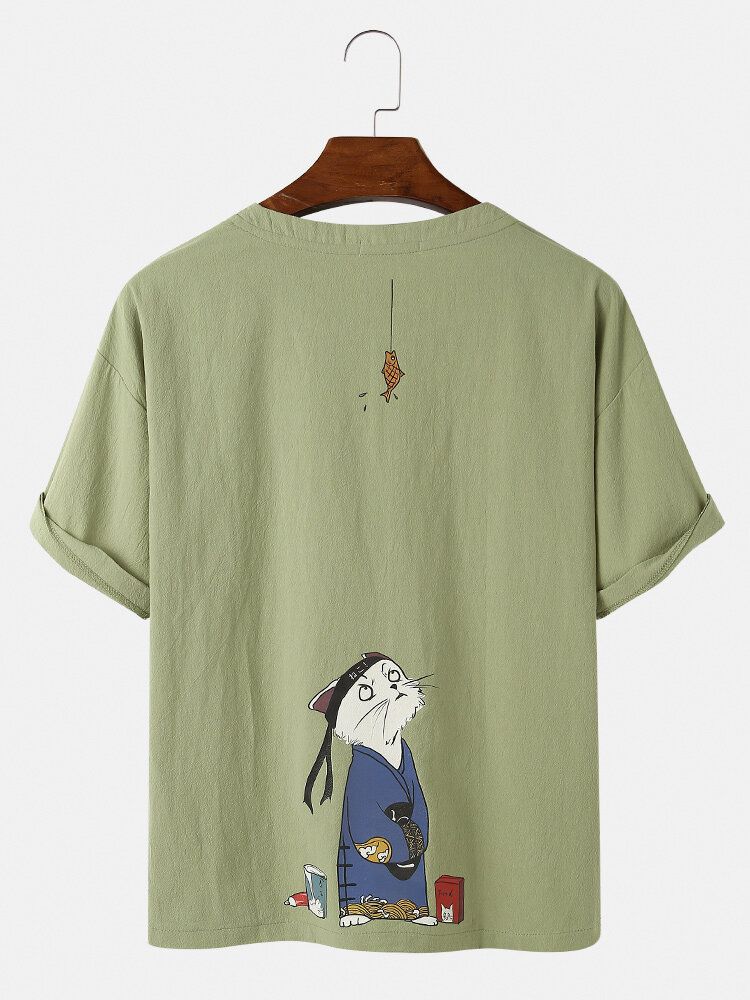 Camisetas Casuales De Cuello Redondo Fino Sueltas Con Estampado De Gato De Dibujos Animados De Algodón Para Hombre