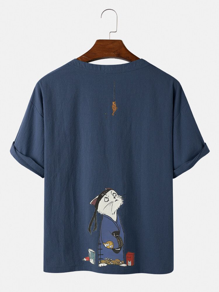 Camisetas Casuales De Cuello Redondo Fino Sueltas Con Estampado De Gato De Dibujos Animados De Algodón Para Hombre