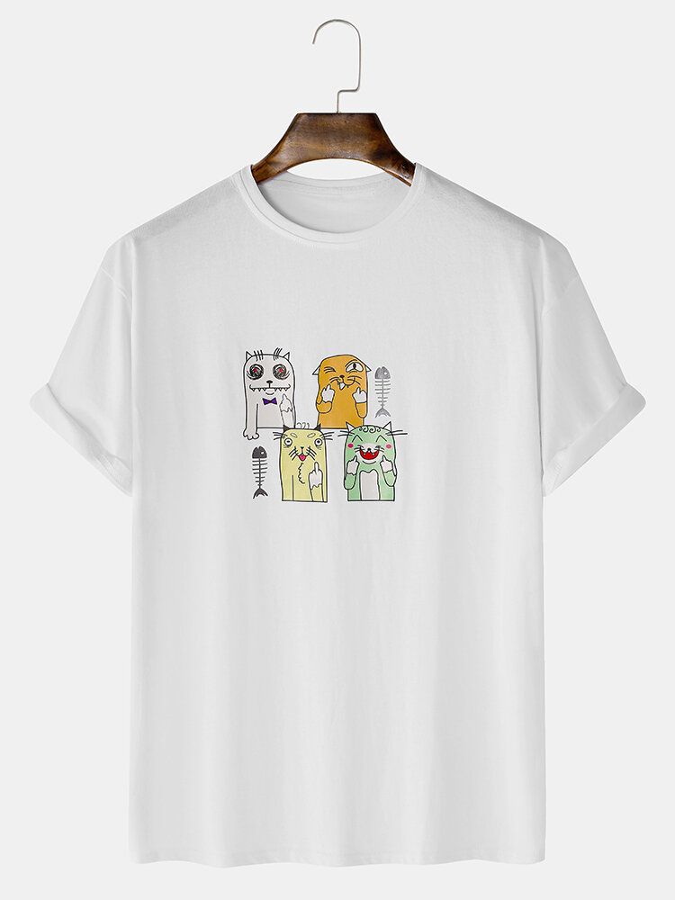 Camisetas Casuales De Manga Corta De Algodón Con Estampado De Gato De Dibujos Animados Para Hombre