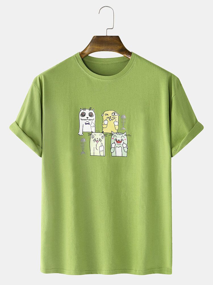 Camisetas Casuales De Manga Corta De Algodón Con Estampado De Gato De Dibujos Animados Para Hombre