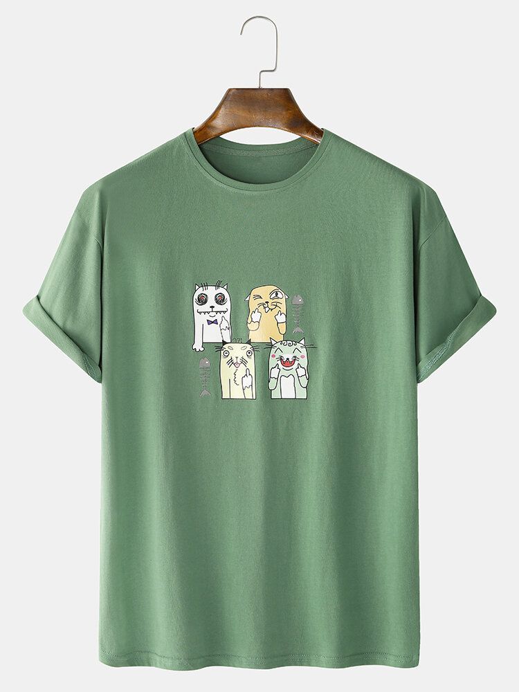 Camisetas Casuales De Manga Corta De Algodón Con Estampado De Gato De Dibujos Animados Para Hombre