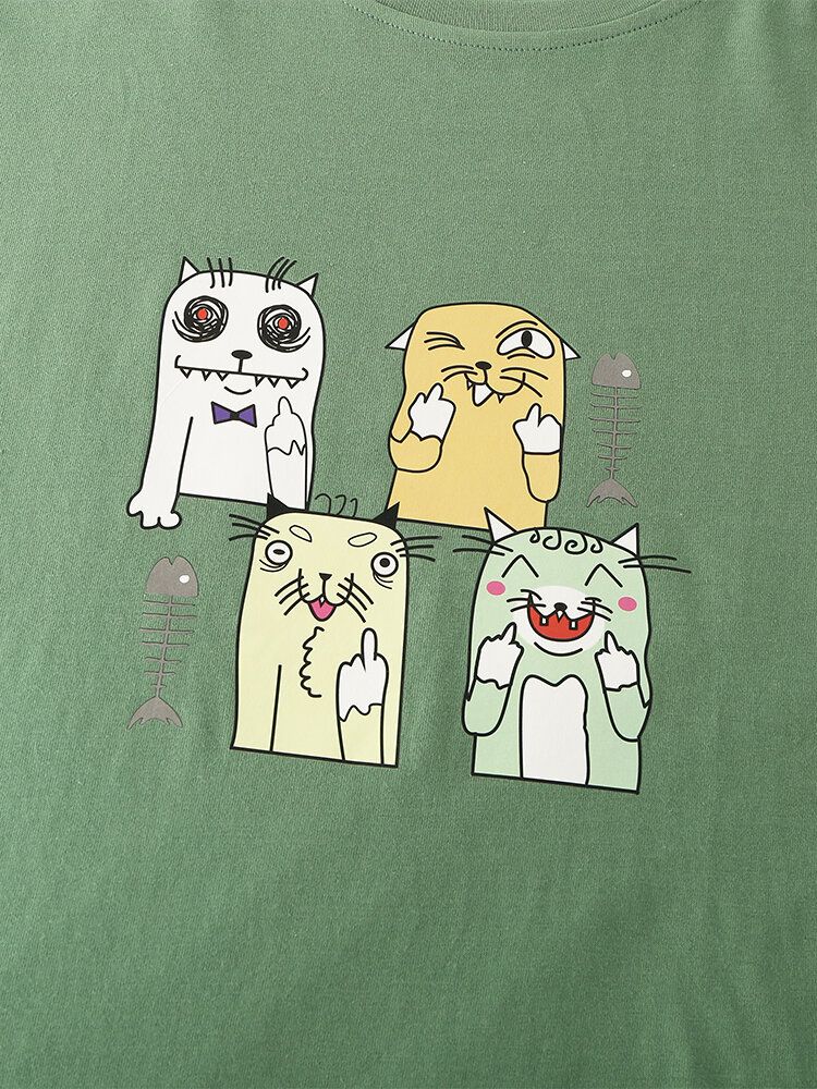 Camisetas Casuales De Manga Corta De Algodón Con Estampado De Gato De Dibujos Animados Para Hombre