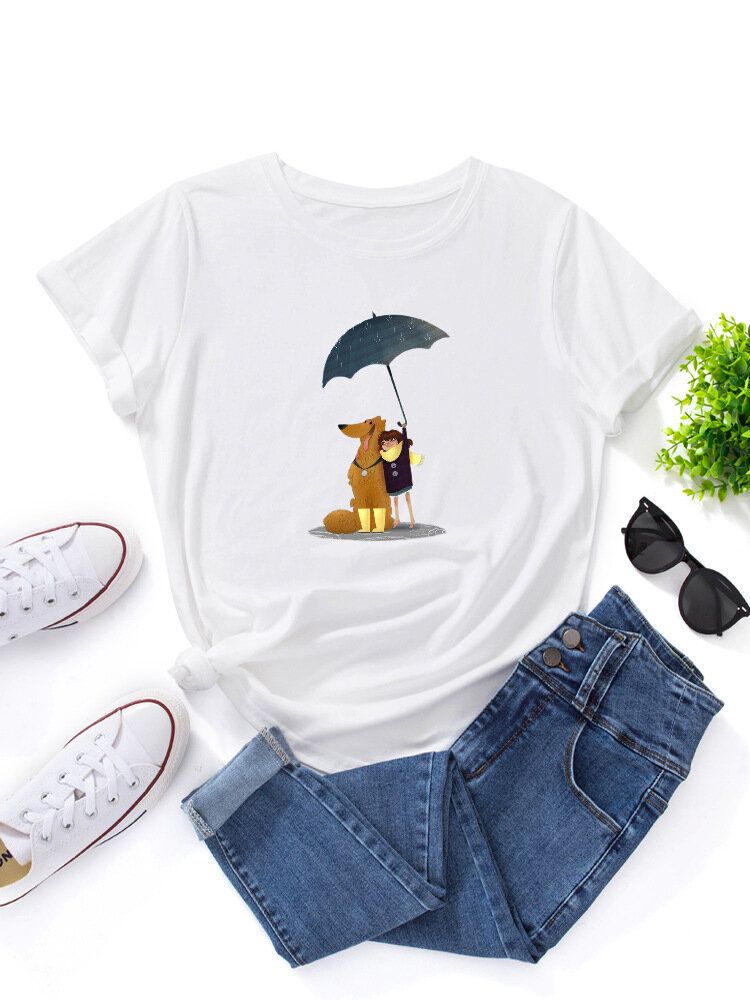 Camisetas Casuales De Manga Corta Con Cuello Redondo Y Dibujo De Perro Y Figura Para Mujer