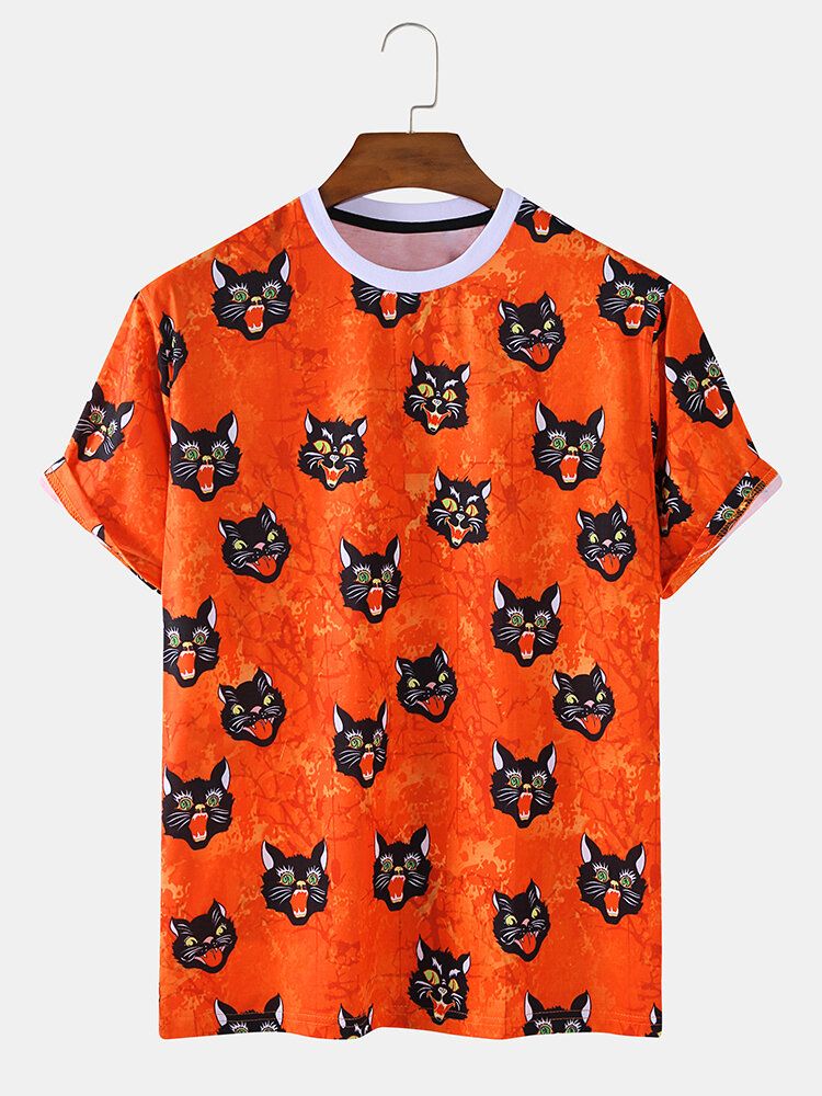 Camisetas Casuales De Manga Corta Con Cuello Redondo Y Dibujos Animados De Gato Estilo Halloween Para Hombre