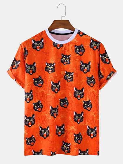 Camisetas Casuales De Manga Corta Con Cuello Redondo Y Dibujos Animados De Gato Estilo Halloween Para Hombre