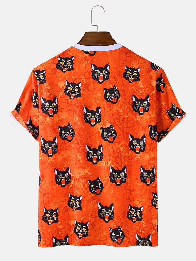 Camisetas Casuales De Manga Corta Con Cuello Redondo Y Dibujos Animados De Gato Estilo Halloween Para Hombre