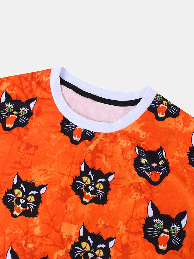 Camisetas Casuales De Manga Corta Con Cuello Redondo Y Dibujos Animados De Gato Estilo Halloween Para Hombre