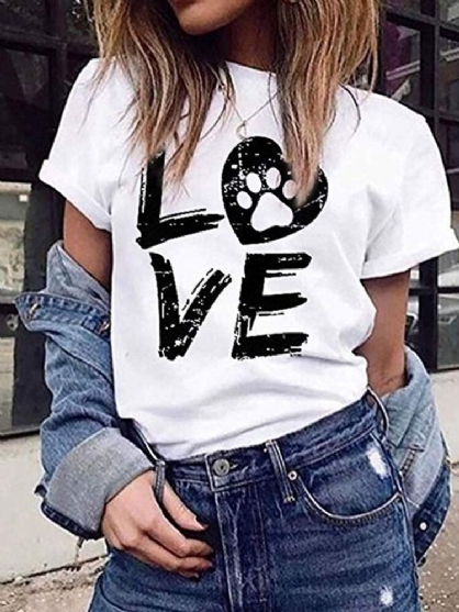 Camisetas Casuales De Manga Corta Con Cuello Redondo Y Estampado De Amor Para Mujer