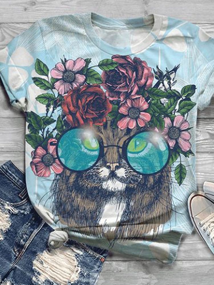 Camisetas Casuales De Manga Corta Con Cuello Redondo Y Estampado Animal Lindo Para Mujer