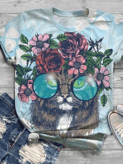 Camisetas Casuales De Manga Corta Con Cuello Redondo Y Estampado Animal Lindo Para Mujer