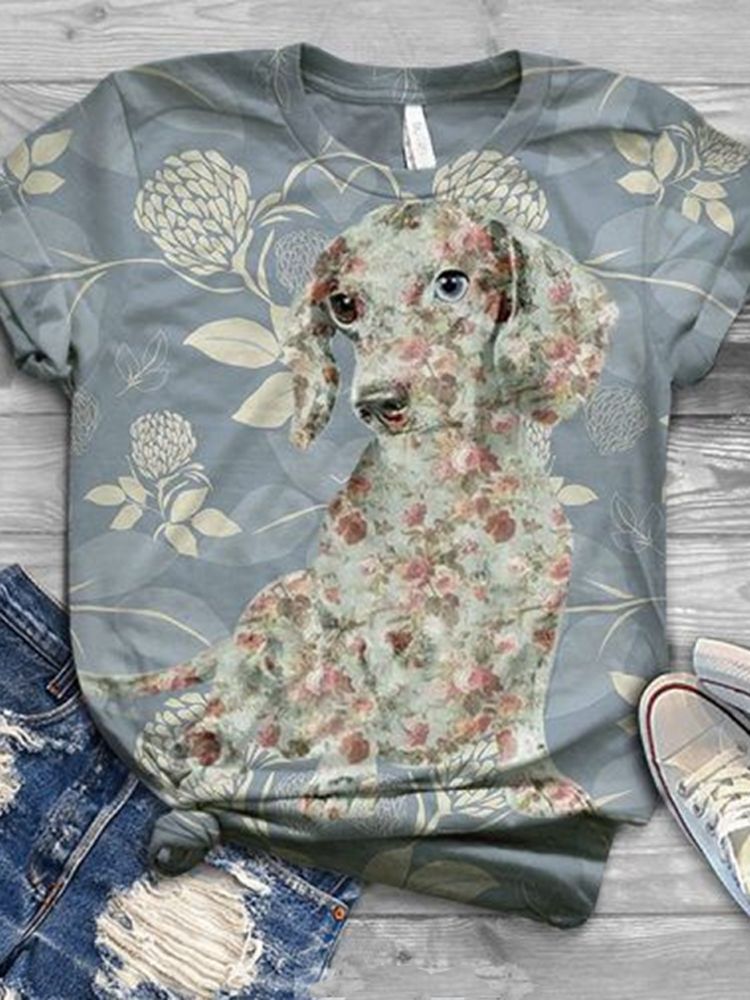 Camisetas Casuales De Manga Corta Con Cuello Redondo Y Estampado Animal Lindo Para Mujer