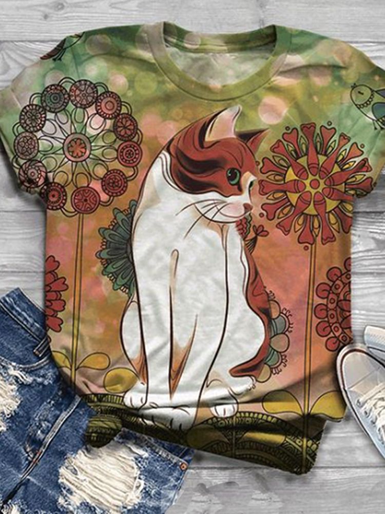 Camisetas Casuales De Manga Corta Con Cuello Redondo Y Estampado Animal Lindo Para Mujer