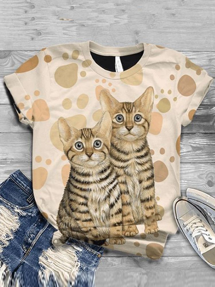 Camisetas Casuales De Manga Corta Con Cuello Redondo Y Estampado Animal Lindo Para Mujer