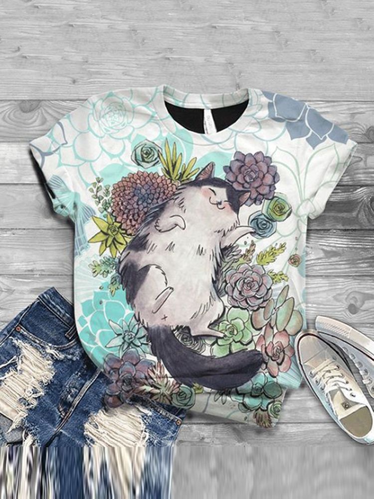 Camisetas Casuales De Manga Corta Con Cuello Redondo Y Estampado Animal Lindo Para Mujer