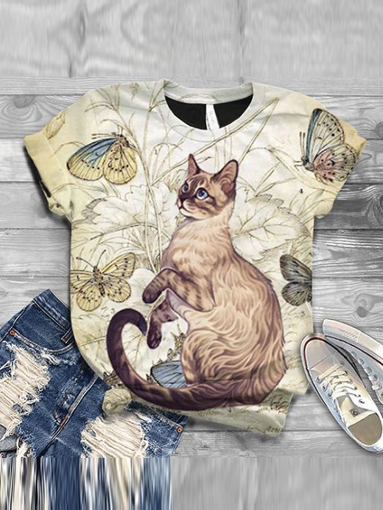 Camisetas Casuales De Manga Corta Con Cuello Redondo Y Estampado Animal Lindo Para Mujer