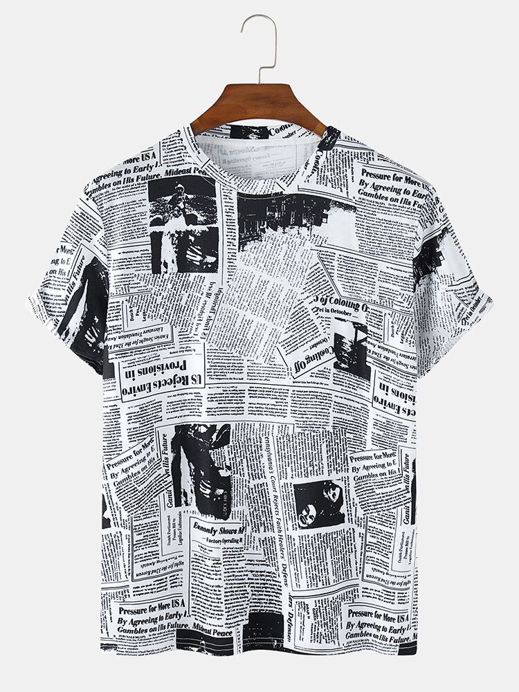 Camisetas Casuales De Manga Corta Con Cuello Redondo Y Estampado De Periódico Para Hombre