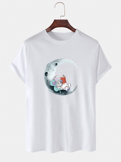 Camisetas Casuales De Manga Corta Con Estampado De Astronauta De Luna De Algodón 100% Para Hombre