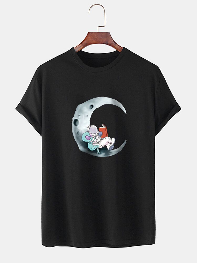 Camisetas Casuales De Manga Corta Con Estampado De Astronauta De Luna De Algodón 100% Para Hombre